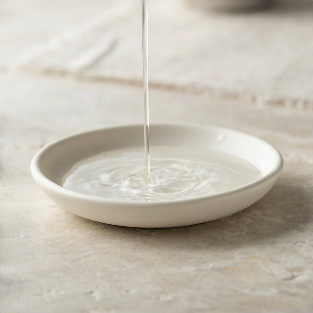 Facial toner purpose: watery toner poured into a small white ceramic dish showing its thin texture