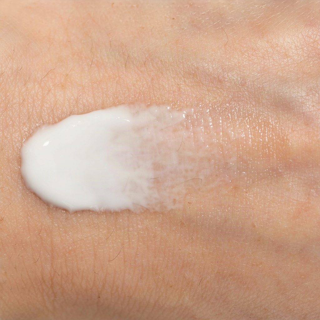 Mineral sunscreen swatch blending on skin, a daily step in skincare for very sensitive skin