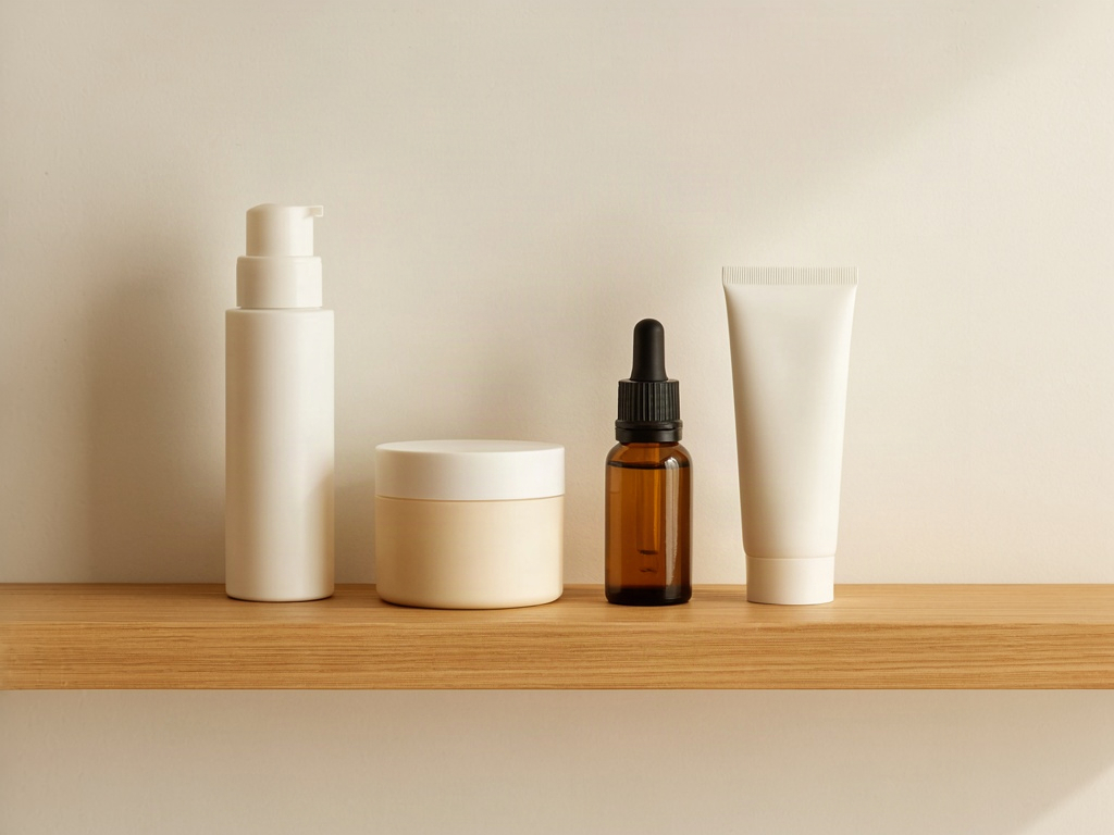 Pared-back shelf of unbranded jars representing a short skin care line for sensitive skin