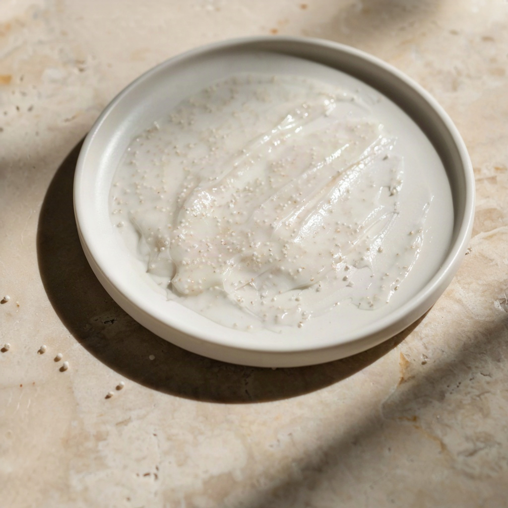Close-up of a fine-grain exfoliating scrub texture spread on a pale ceramic dish