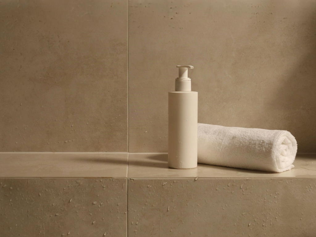 Unbranded bottle of hydrating lotion for dry skin on a damp bathtub rim beside a rolled cotton towel