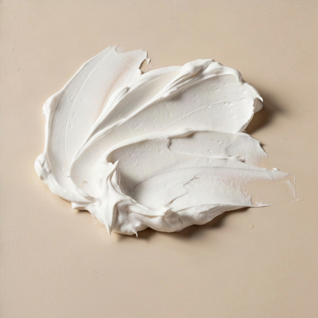 Macro swatch of a thick body cream for dry skin holding its ridges on a beige surface